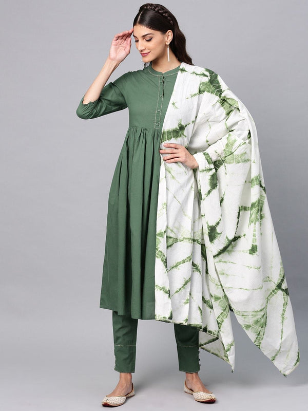 Women's  Green & White Solid Kurta with Trousers & Dupatta - AKS