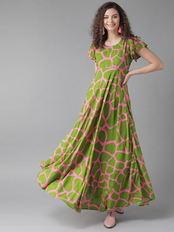 Women's  Green & Pink Printed Anarkali Kurta - AKS