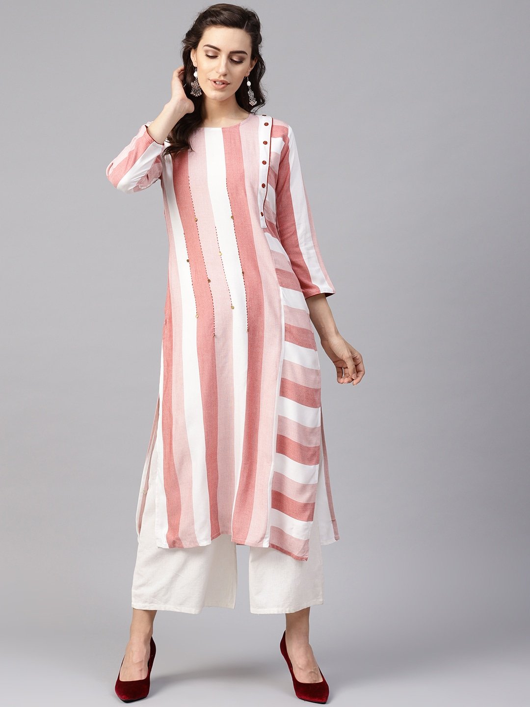 Women's Pink & White Straight Kurta - Yufta