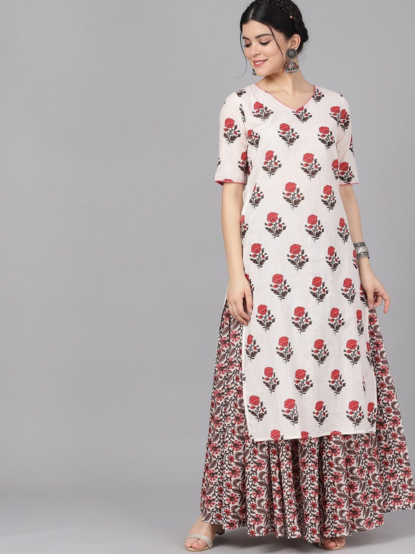 Women's  Off-White & Pink Printed Kurta with Skirt - AKS