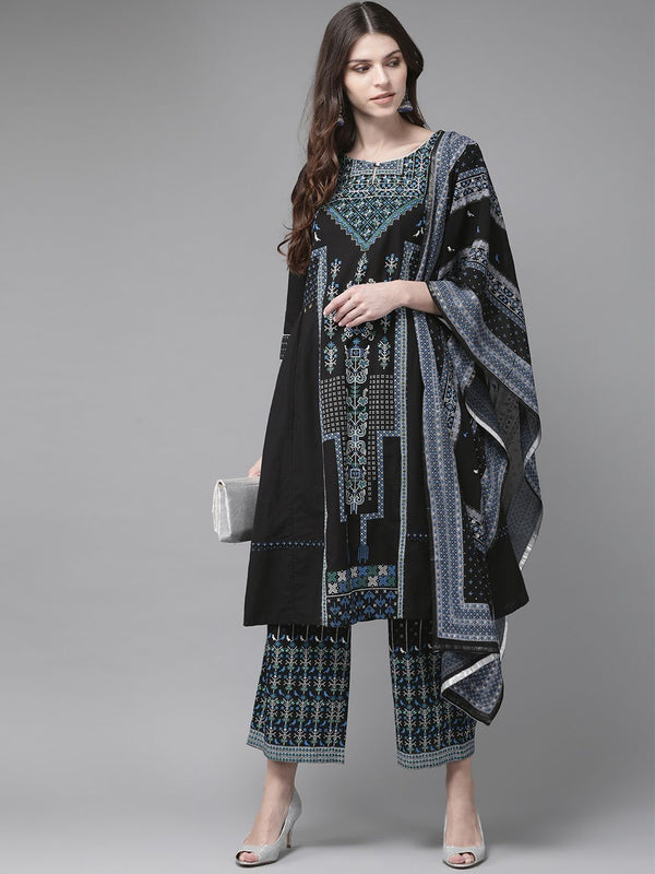 Women's Cambric Printed A-Line Kurta Palazzo Dupatta Set - Juniper