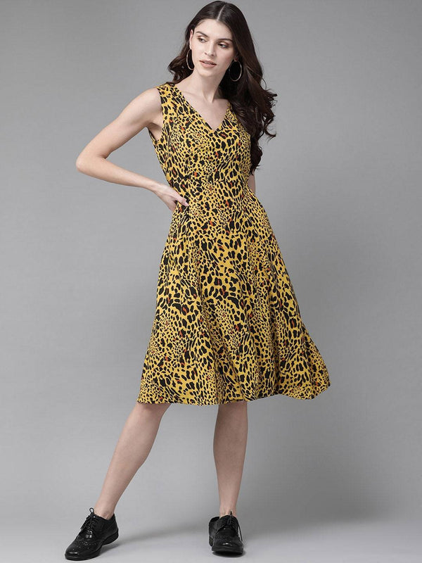 Women's  Yellow Leopard Printed Fit and Flare Dress - AKS