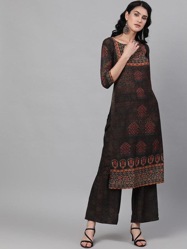 Women's  Brown & Black Printed Kurta with Palazzos - AKS