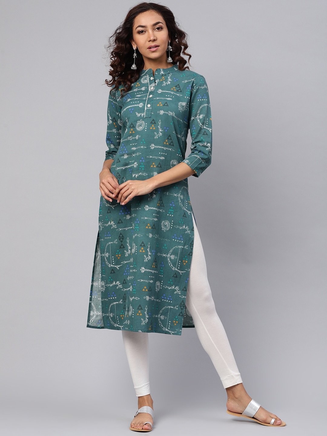 Women's Green & White Printed Kurta - Yufta