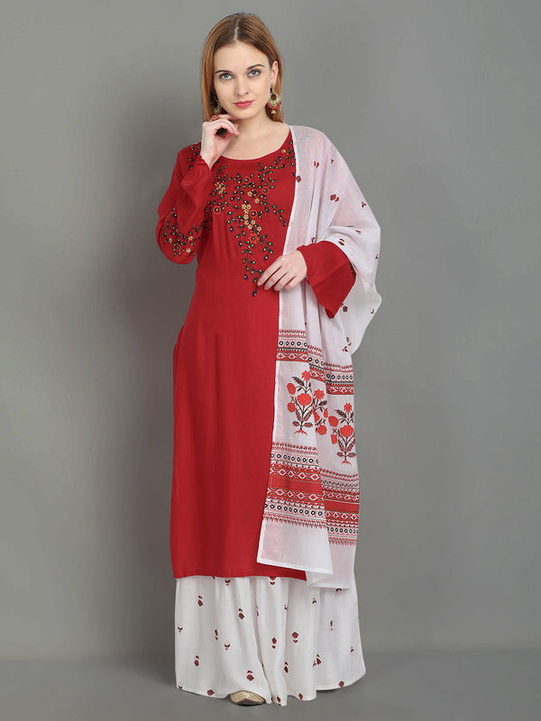 Women's Kurta, Sharara & Dupatta Set (Red) - Noz2Toz