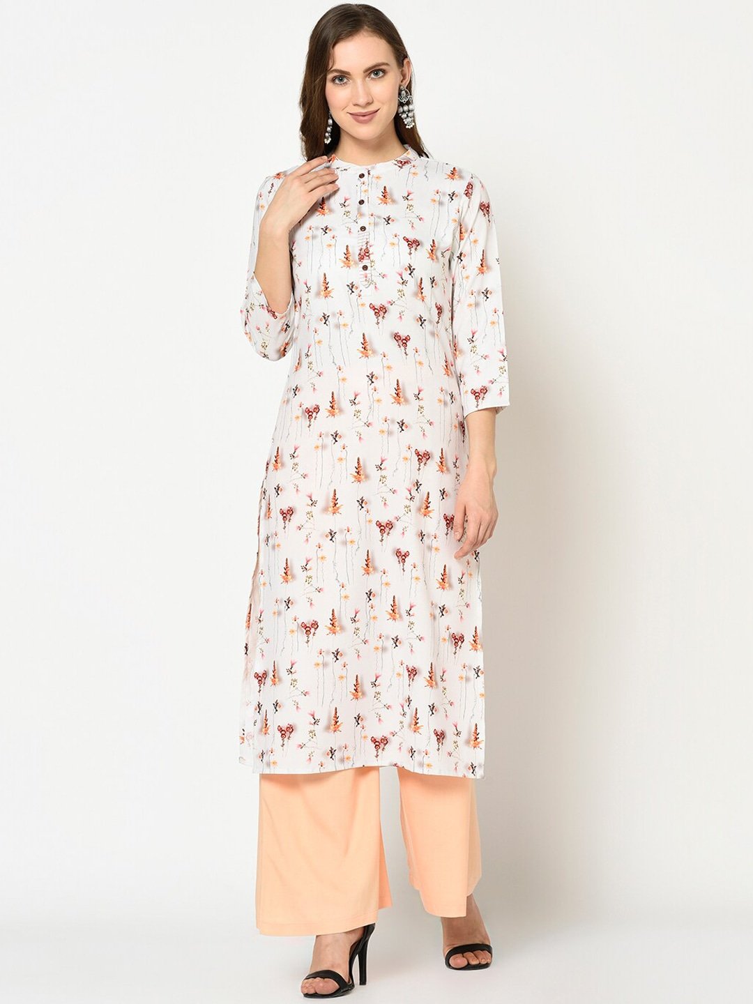 Women's White & Orange Printed Kurta - Yufta