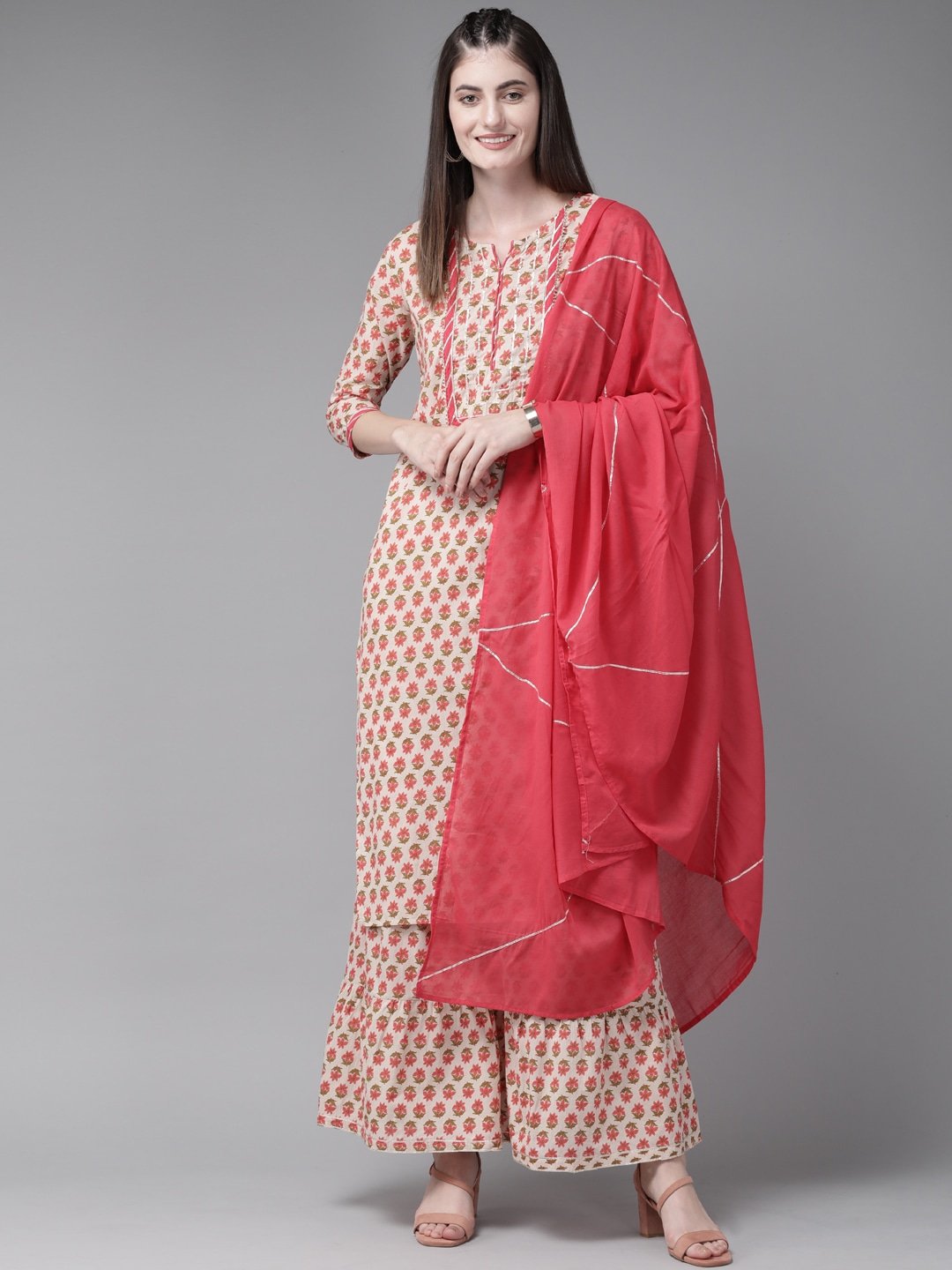 Women's Beige And Peach Printed Kurta Set - Yufta