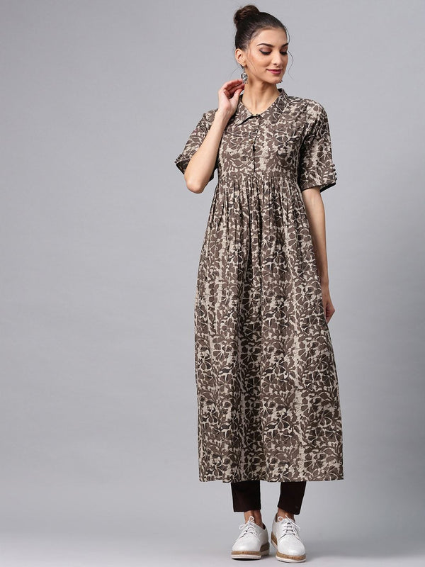 Women's  Brown & Grey Printed A-Line Kurta - AKS