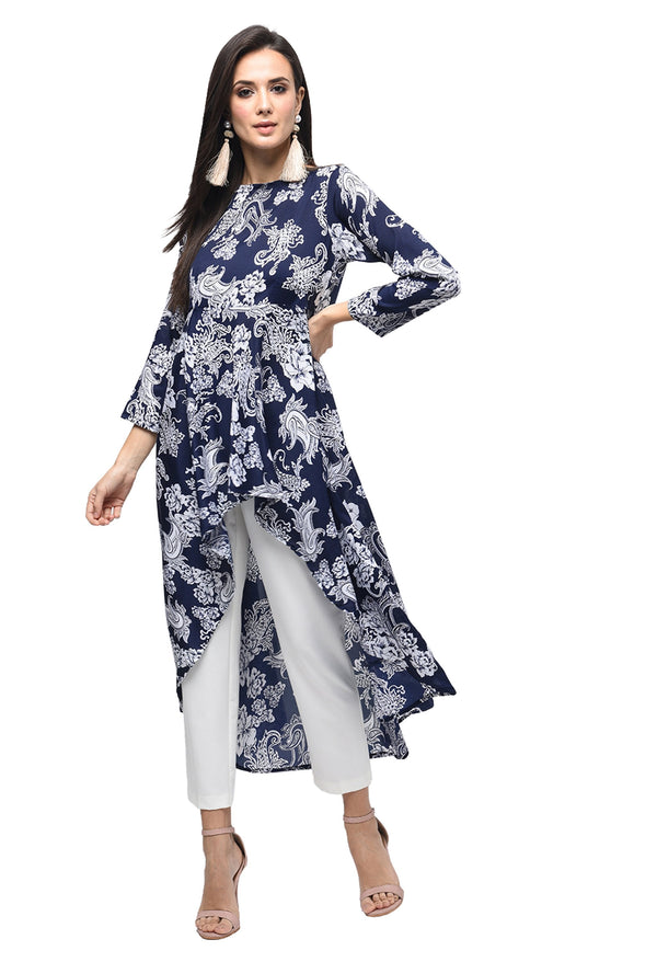 Women's Light Blue Polyester Printed Regular Sleeves Collared Neck Casual Kurta Only - Myshka