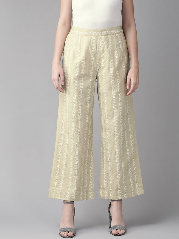 Women's  Beige & White Striped Straight Palazzos - AKS