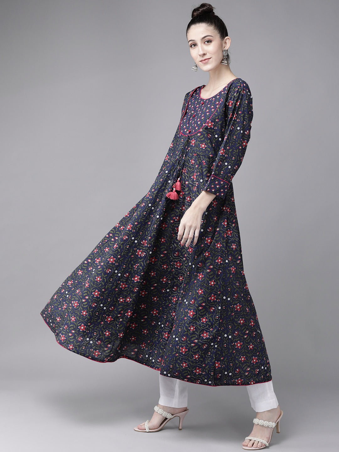 Women's Navy Blue & Pink Pure Cotton Floral Print Anarkali Kurta - Yufta