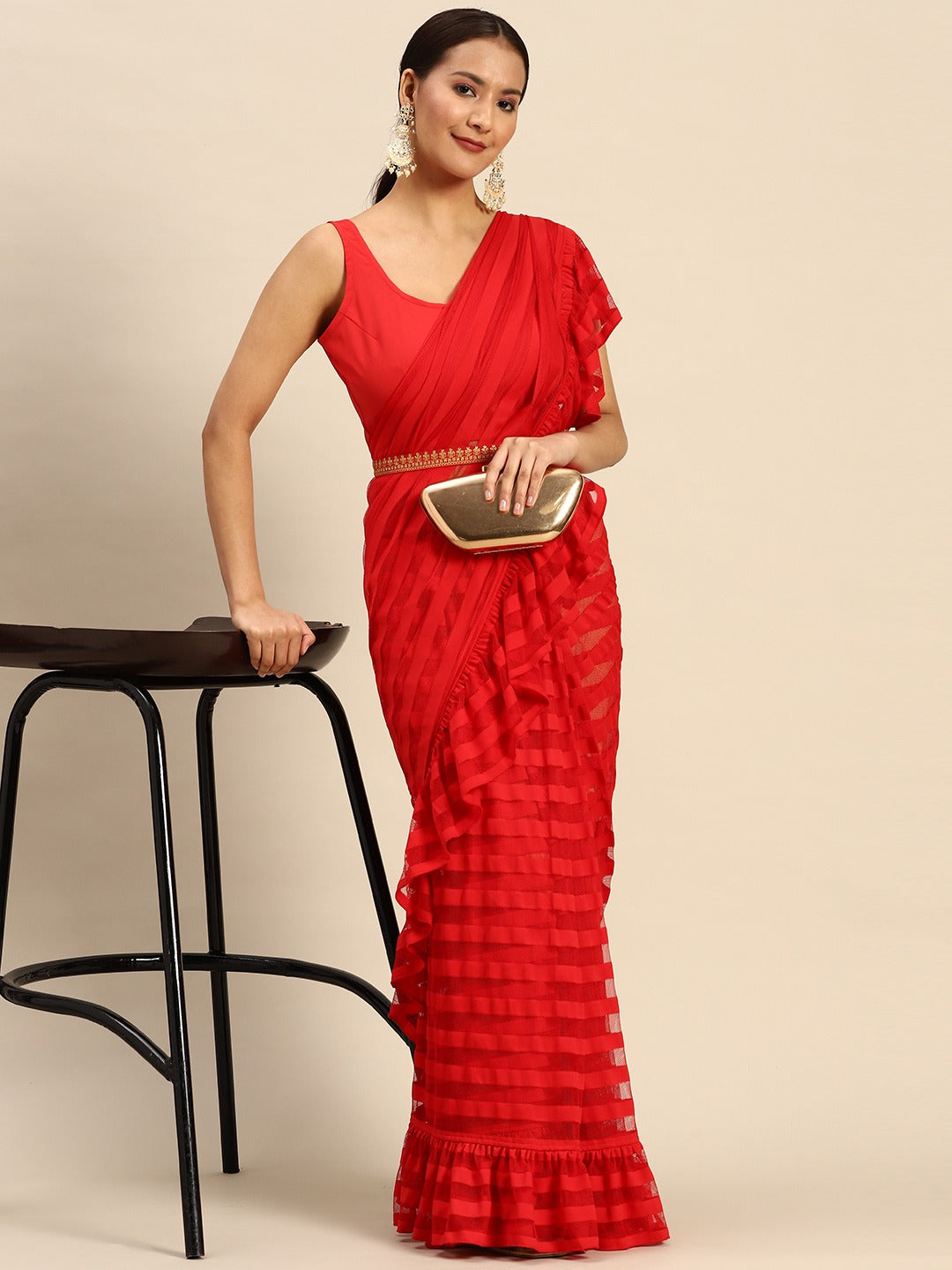 Women's Striped Net Ready To Wear Saree - Ahalyaa