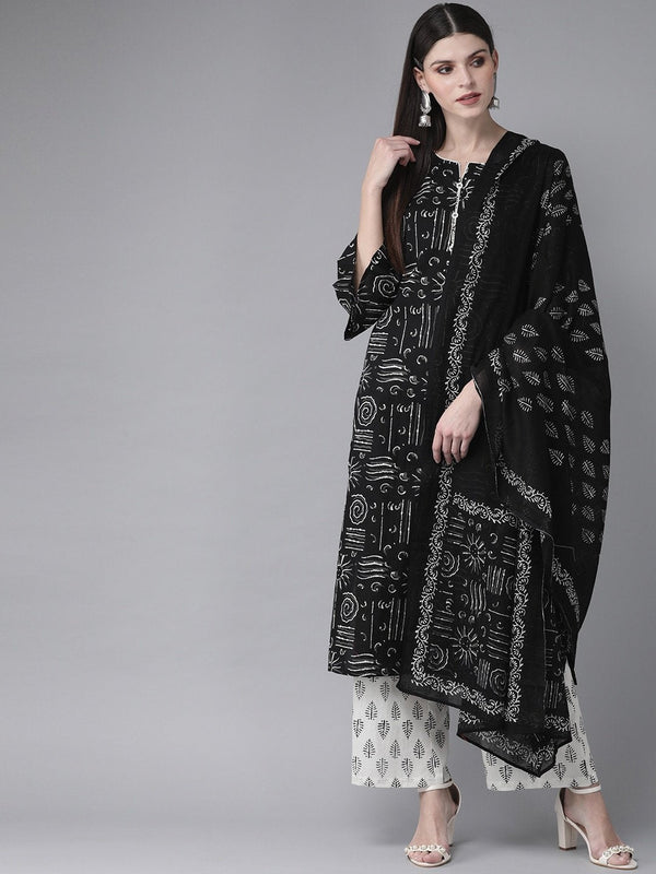 Women's  Black & White Printed Kurta with Palazzos & Dupatta - AKS