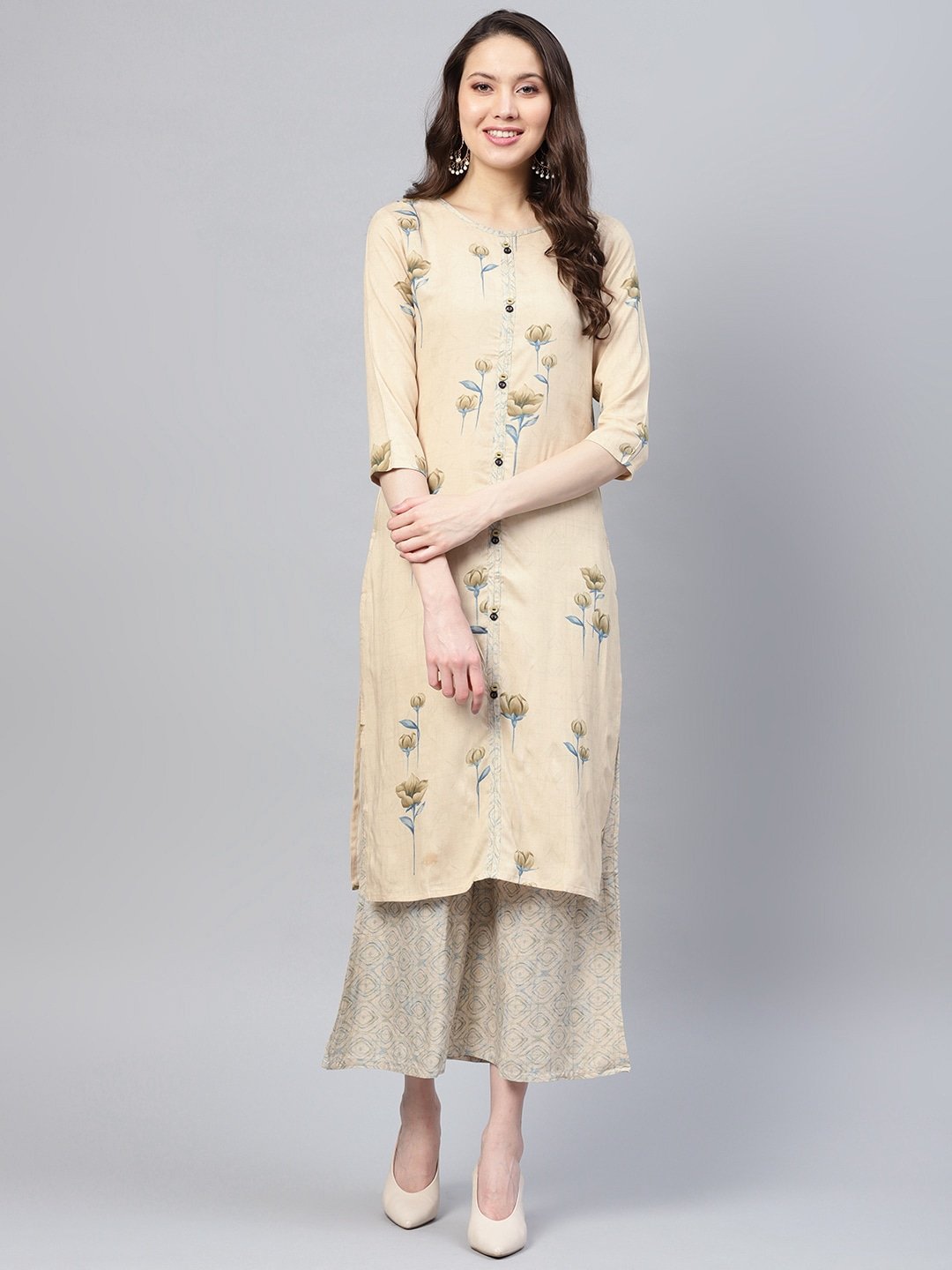 Women's Beige & Blue Printed Kurta Set - Yufta