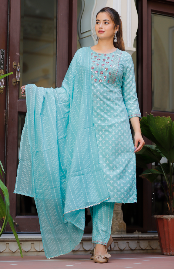 Women's Sky Blue Kurta With Pant And Dupatta Set - SINGNI