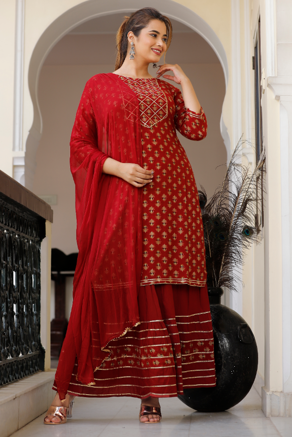 Women's Maroon Straight Kurta with Skirt And Dupatta - SINGNI