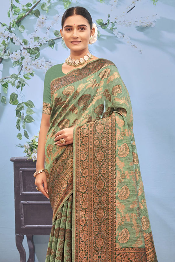 Women's Sea Green Cotton Woven Zari Work Traditional Tassle Saree - Sangam Prints