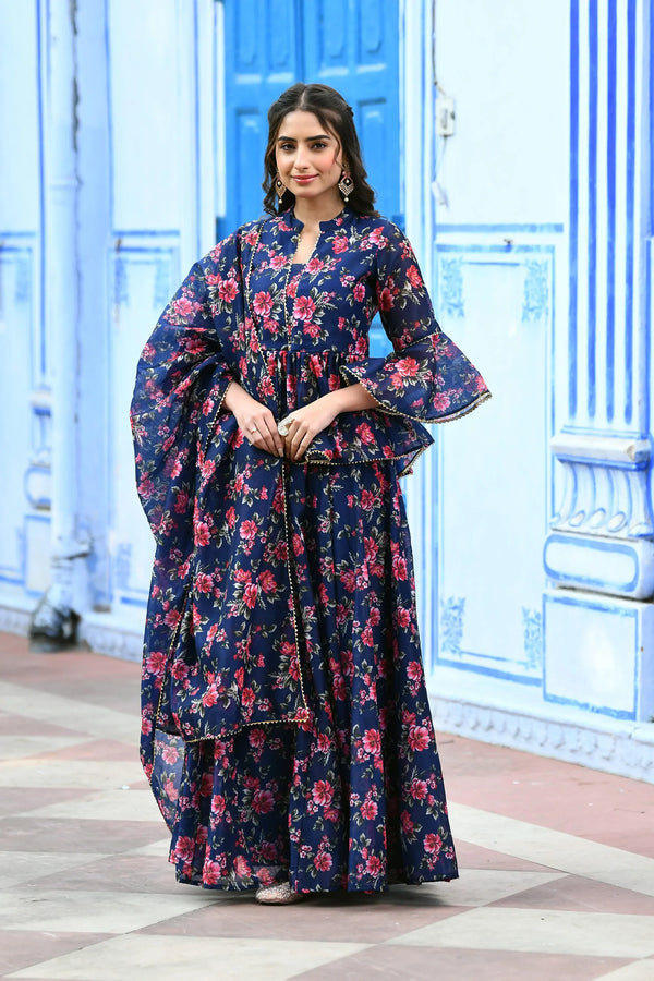 Women's Indigo Floral Print Lehenga Set  - Saras The Label -3Pc Set