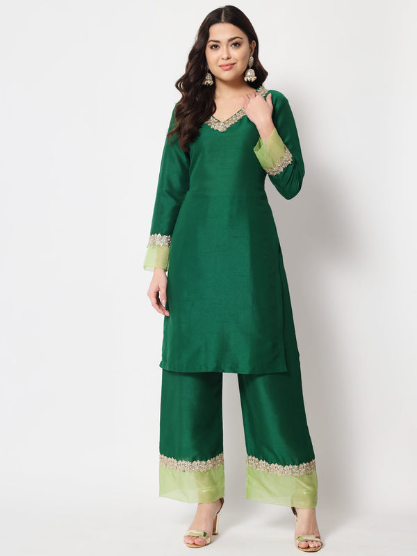 Women's Dazzling Green Straight Kurti With Straight Palazzo - Anokherang