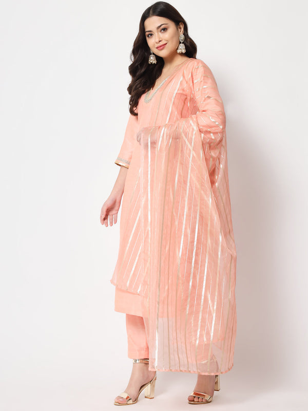 Women's Peach Smiles Straight Kurti With Pants And Dupatta - Anokherang