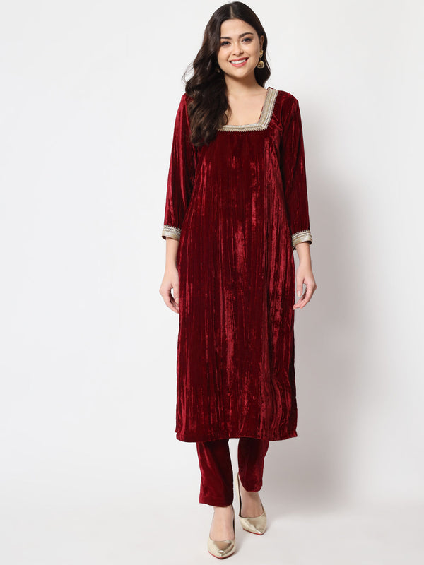 Women's Sangria Maroon Velvet Straight Kurti With Pants - Anokherang