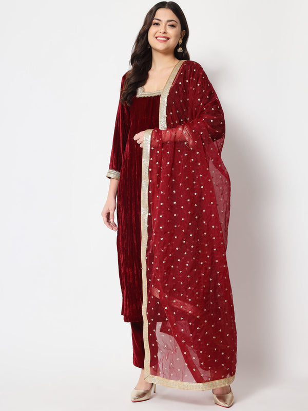 Women's Sangria Maroon Velvet Straight Kurti With Pants And Dupatta - Anokherang