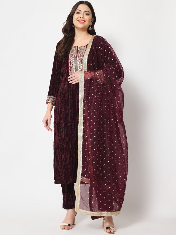 Women's Wine Love Velvet Straight Kurti With Pants And Dupatta - Anokherang