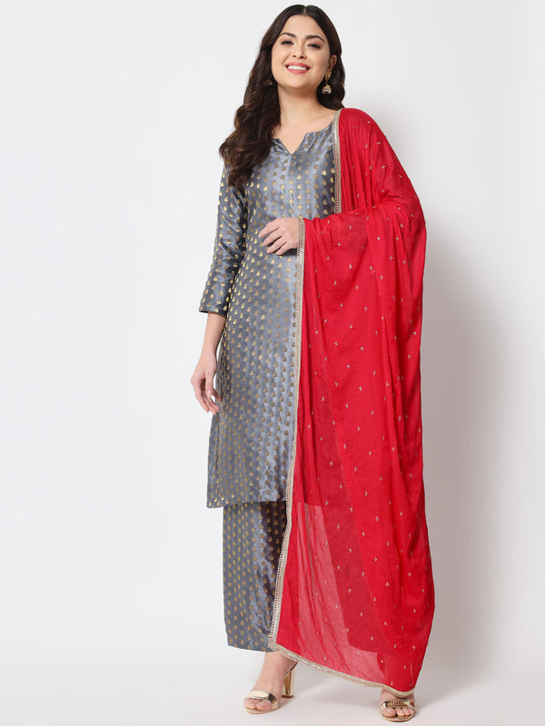 Women's Sahiba Gray Brocade With Straight Palazzo And Dupatta - Anokherang