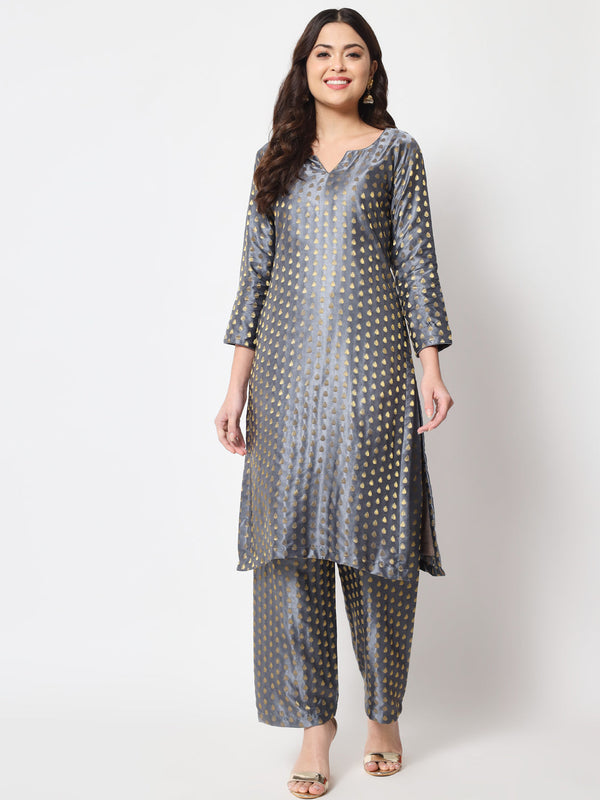 Women's Sahiba Gray Brocade With Straight Palazzo - Anokherang