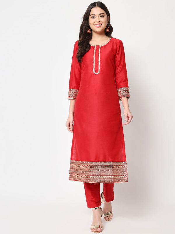 Women's Traditional Bridal Red Embroidered Straight Kurti With Pants - Anokherang