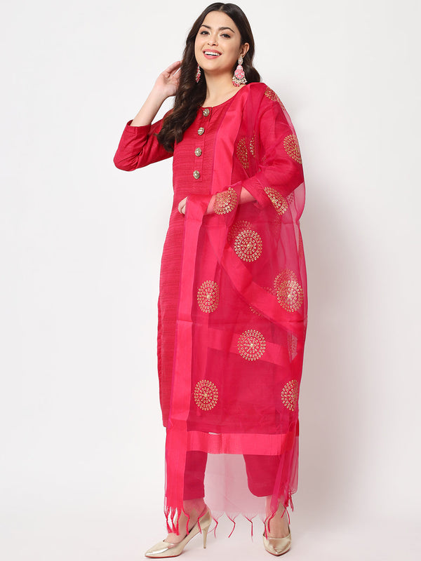 Women's Pink Kundan Silk Kurti With Straight Pants And Dupatta - Anokherang