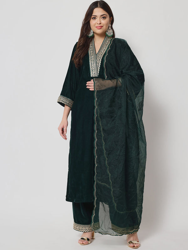 Women's Glamour Green Shawl Collar Kurti With Straight Palazzo And Dupatta - Anokherang