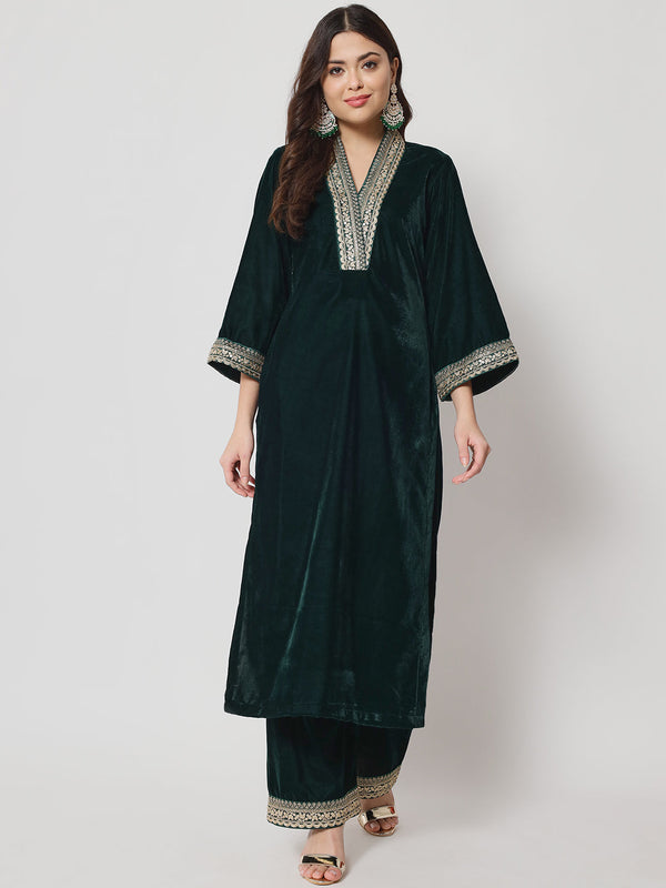 Women's Glamour Green Shawl Collar Kurti With Straight Palazzo - Anokherang