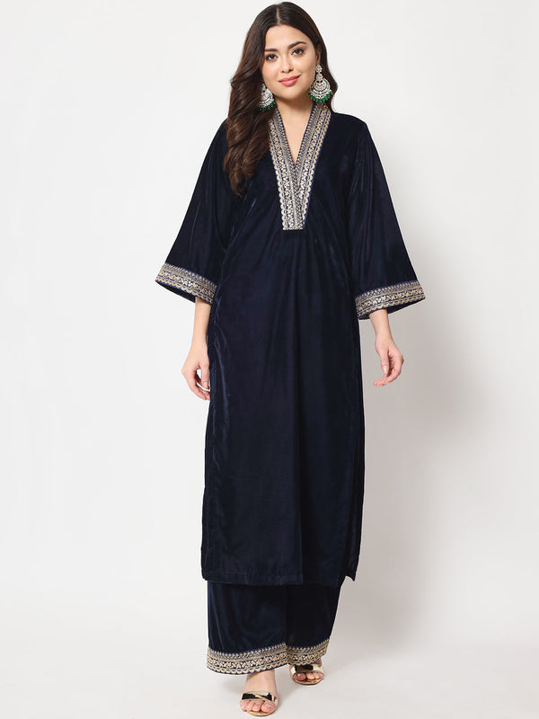 Women's Glamour Blue Shawl Collar Kurti With Straight Palazzo - Anokherang