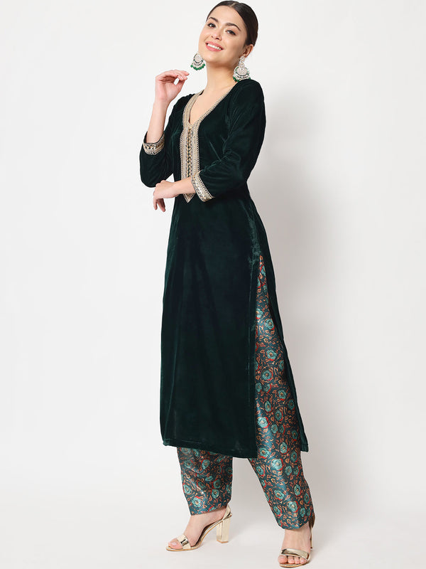 Women's Sweet Green Velvet Straight Kurti With Printed Salwar - Anokherang