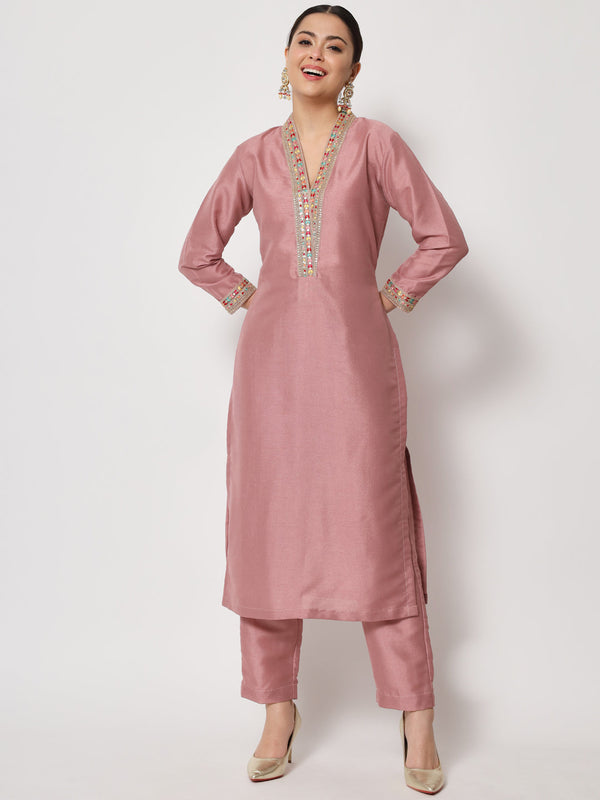 Women's Soft Mauve Thread Embroidered Kurti With Pants - Anokherang