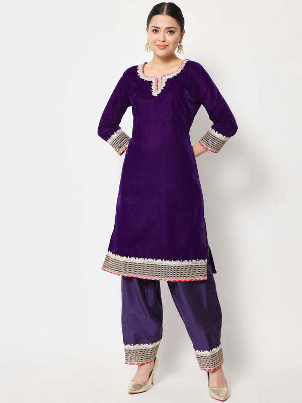 Women's Purple Velvet Short Kurti With Silk Salwar - Anokherang