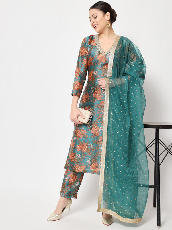 Women's Green Rust Floral Printed Silk Kurti With Pants And Organza Sequin Dupatta - Anokherang