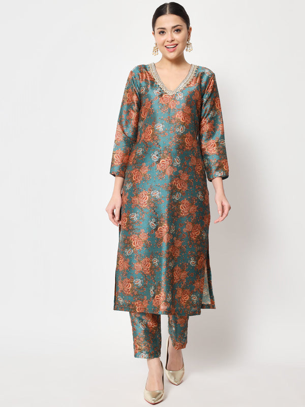 Women's Green Rust Floral Printed Silk Kurti With Pants - Anokherang