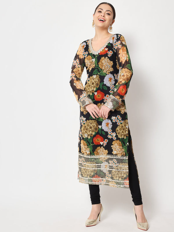 Women's Black Floral Printed Embroidered Kurti With Churidaar - Anokherang