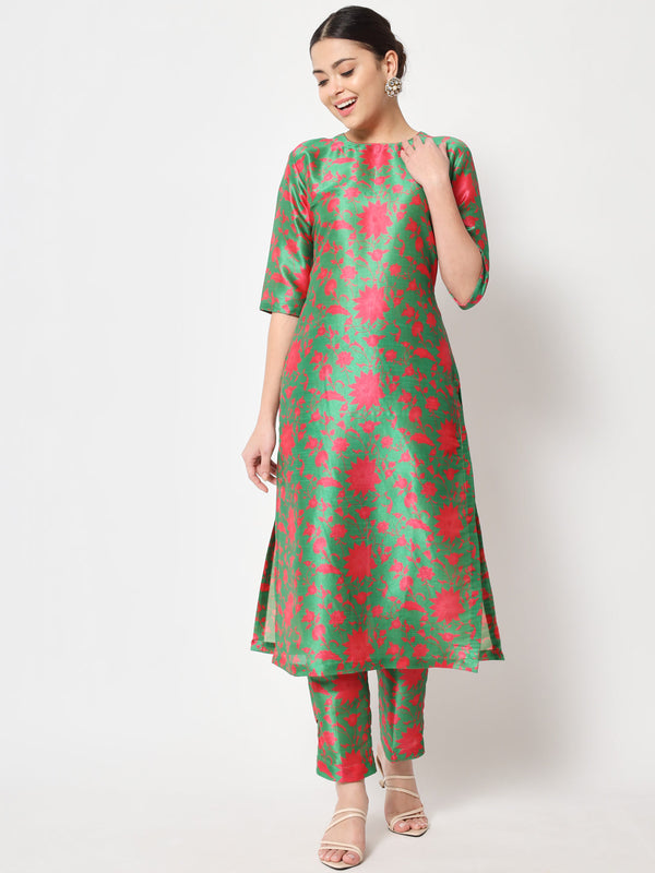 Women's Green Pink Printed Straight Kurti With Pants - Anokherang