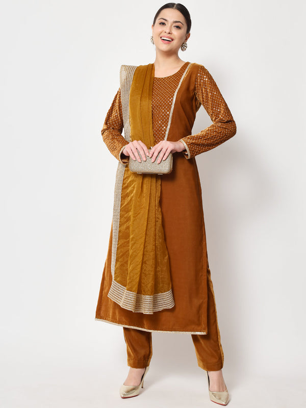 Women's Mustard Sequin Yoke Velvet Kurti With Straight Pants And Dupatta - Anokherang