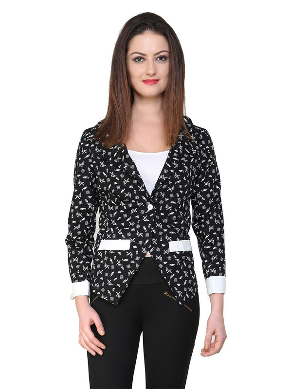 Women's Black  Printed Blazer - Pannkh