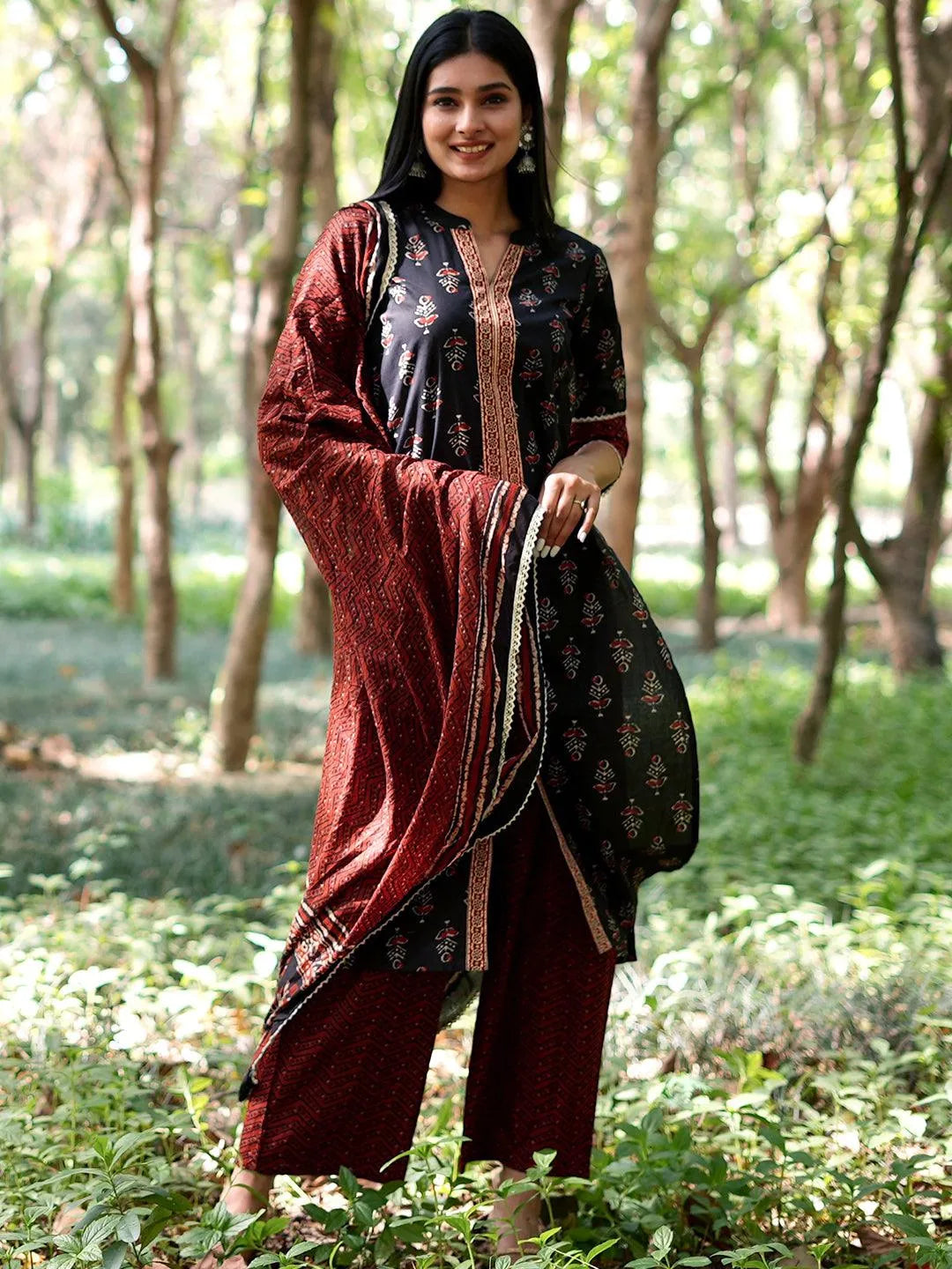 Black Printed Cotton Straight Kurta With Palazzos & Dupatta - Jashvi