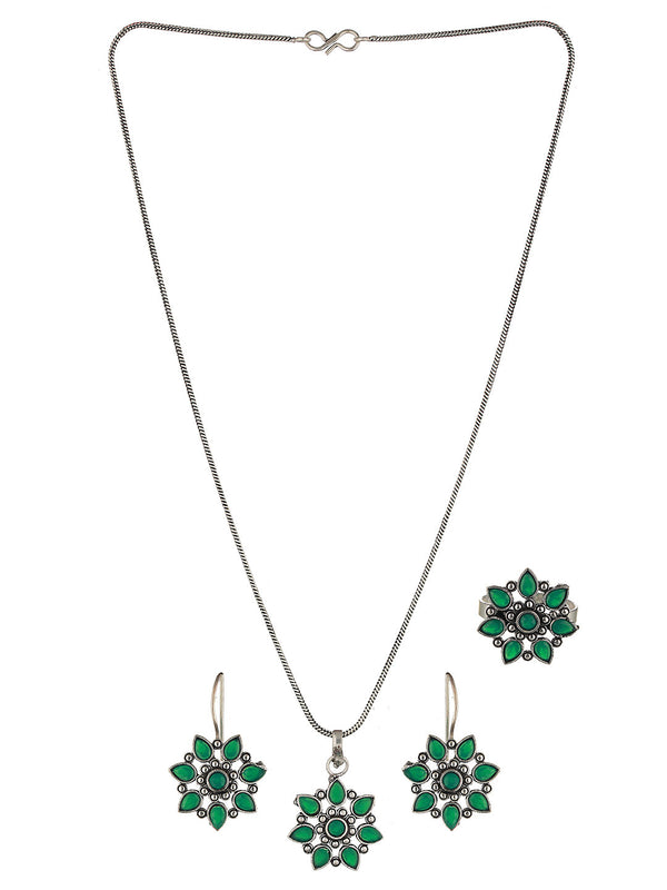 Women's Oxidised Studded Statement Earring Locket Jewellery Set - Saraf Rs Jewellery