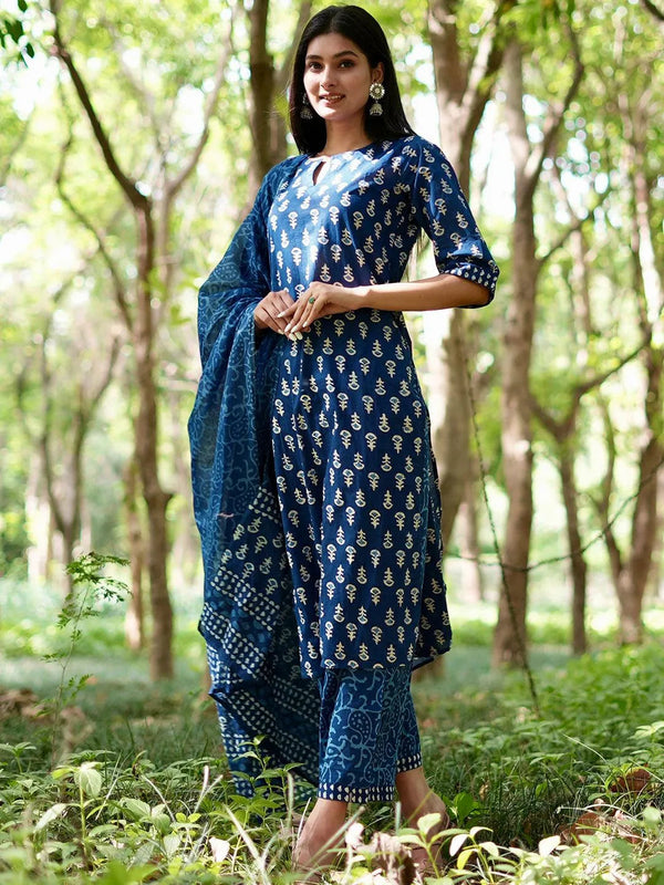 Blue Printed Cotton Straight Kurta With Palazzos & Dupatta - Jashvi