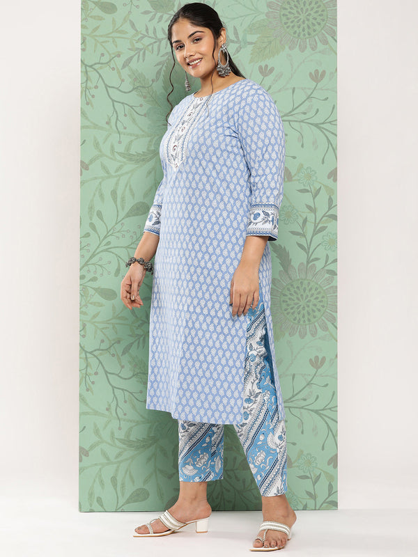 Women's Blue Paisley Straight Kurta Trouser And Dupatta Set - Yufta