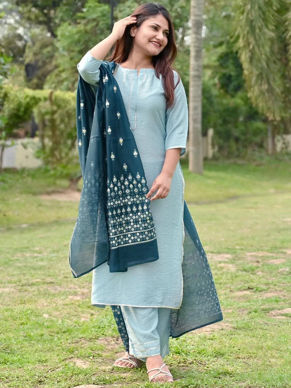 Grey Solid Chanderi Silk Straight Kurta With Palazzos & Dupatta - Jashvi