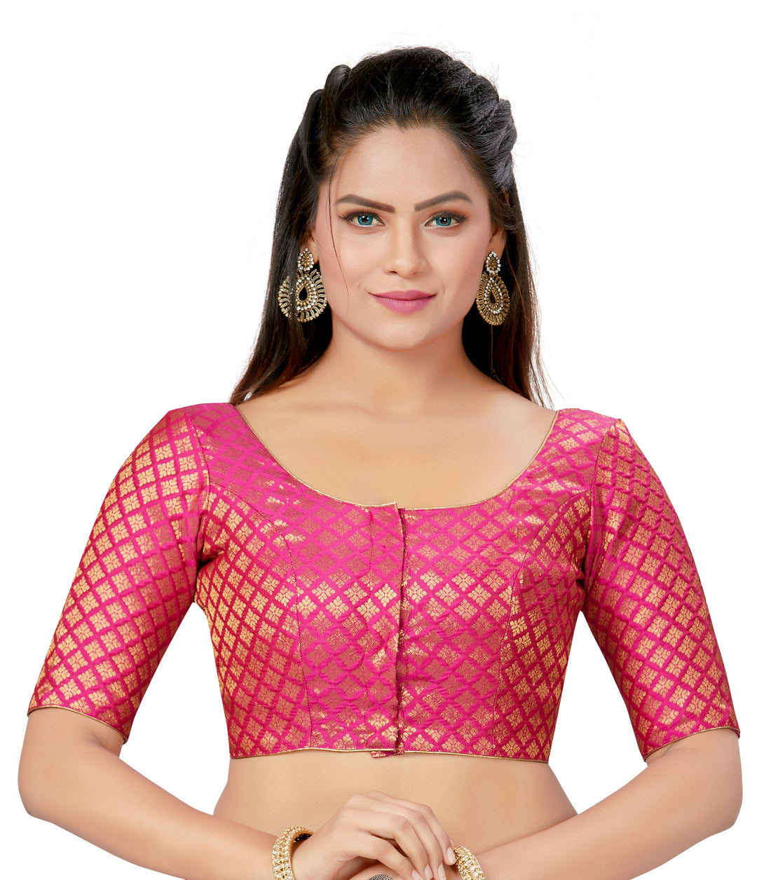 Women'S Polyester Brocade Readymade Saree Blouse With Elbow Length Sleeves - Madhu Fashion