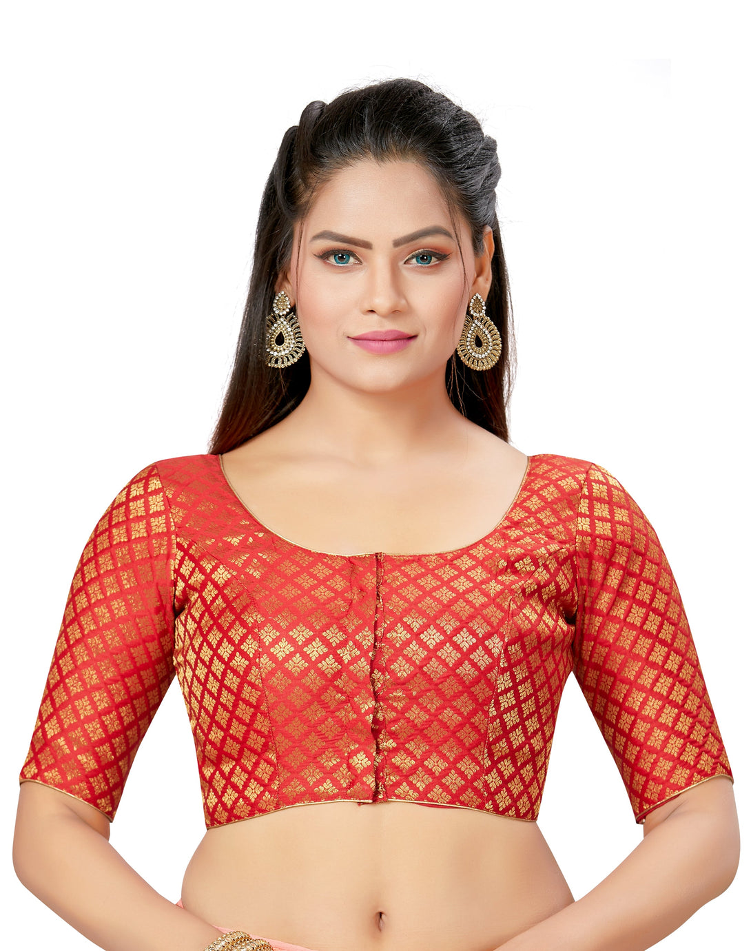 Women'S Polyester Brocade Readymade Saree Blouse With Elbow Length Sleeves - Madhu Fashion